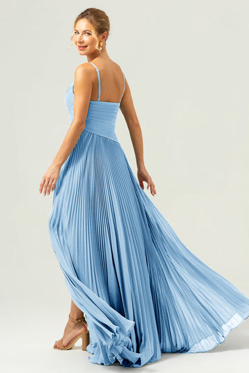 A Line Spaghetti Straps Pleated Chiffon Long Bridesmaid Dress with Slit